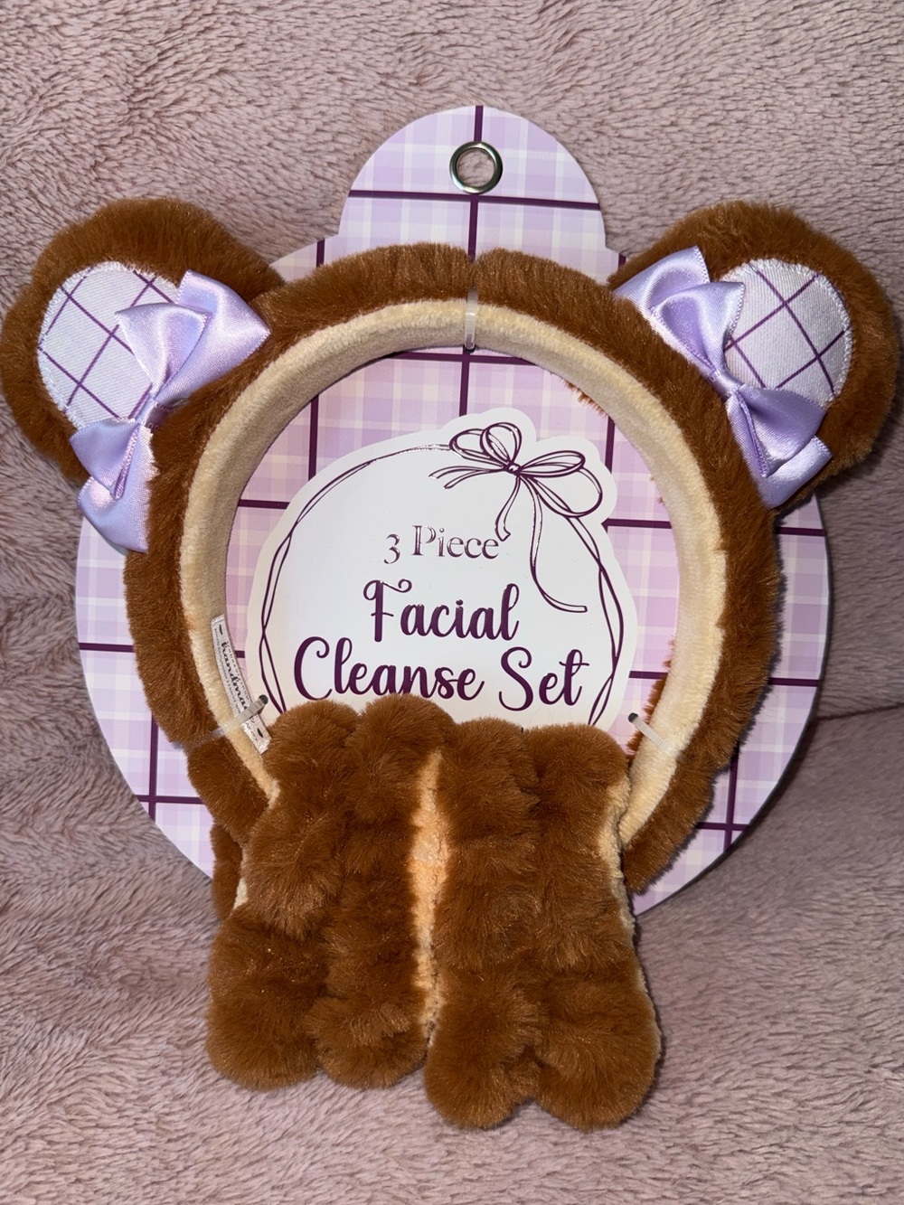 🐻 Facial Cleanse Set Headband & Wristbands - Brown with Purple Bows